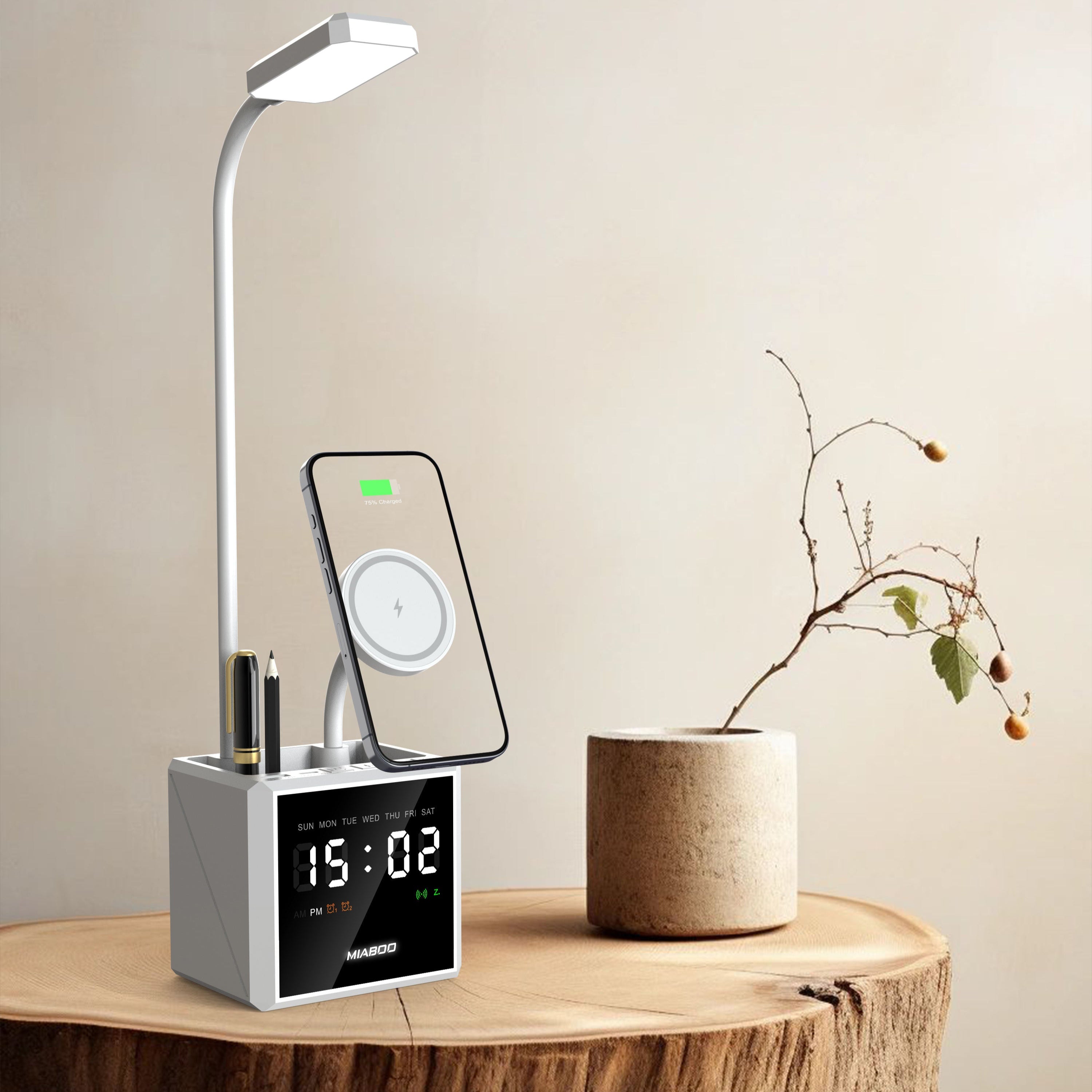 2025 Foldable Smart Desk Organizer – 3-in-1 Wireless Charger with Lamp, Clock & Pen Holder