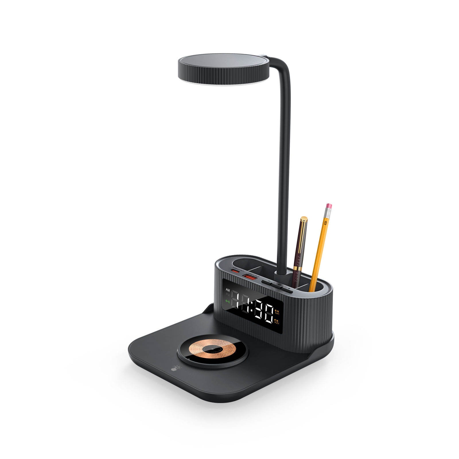 2025 Smart Desk Organizer – Wireless Charger, Clock Display, Pen Holder & LED Lamp in One