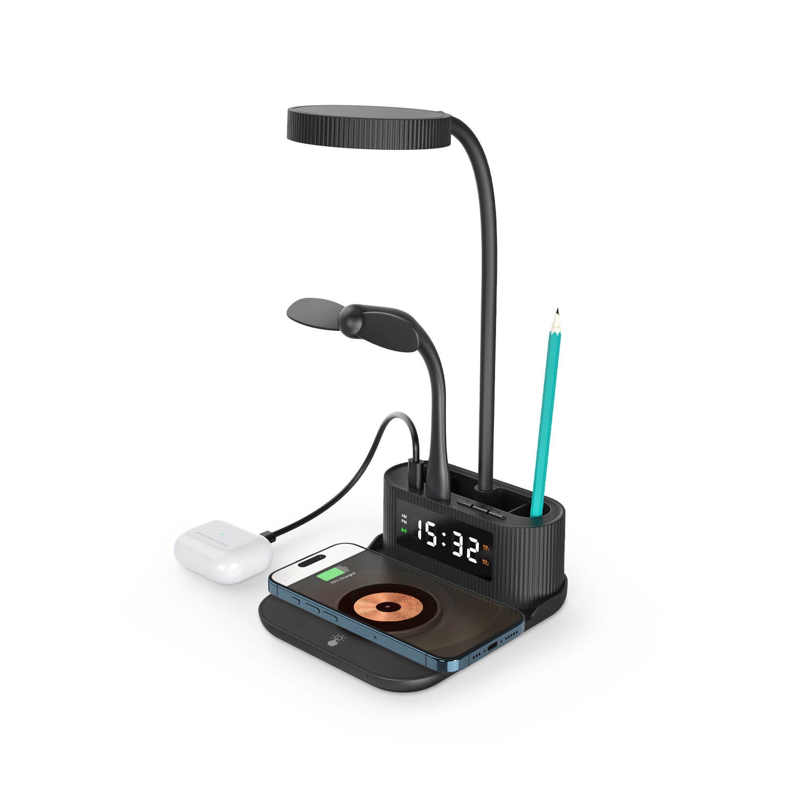 2025 Smart Desk Organizer – Wireless Charger, Clock Display, Pen Holder & LED Lamp in One