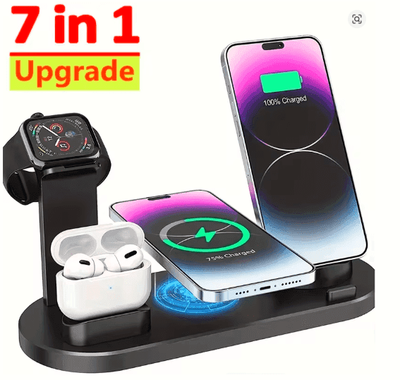 2025 7-in-1 Fast Wireless Charging Dock – Multi-Device Charger Stand with Phone Holder & LED Organizer