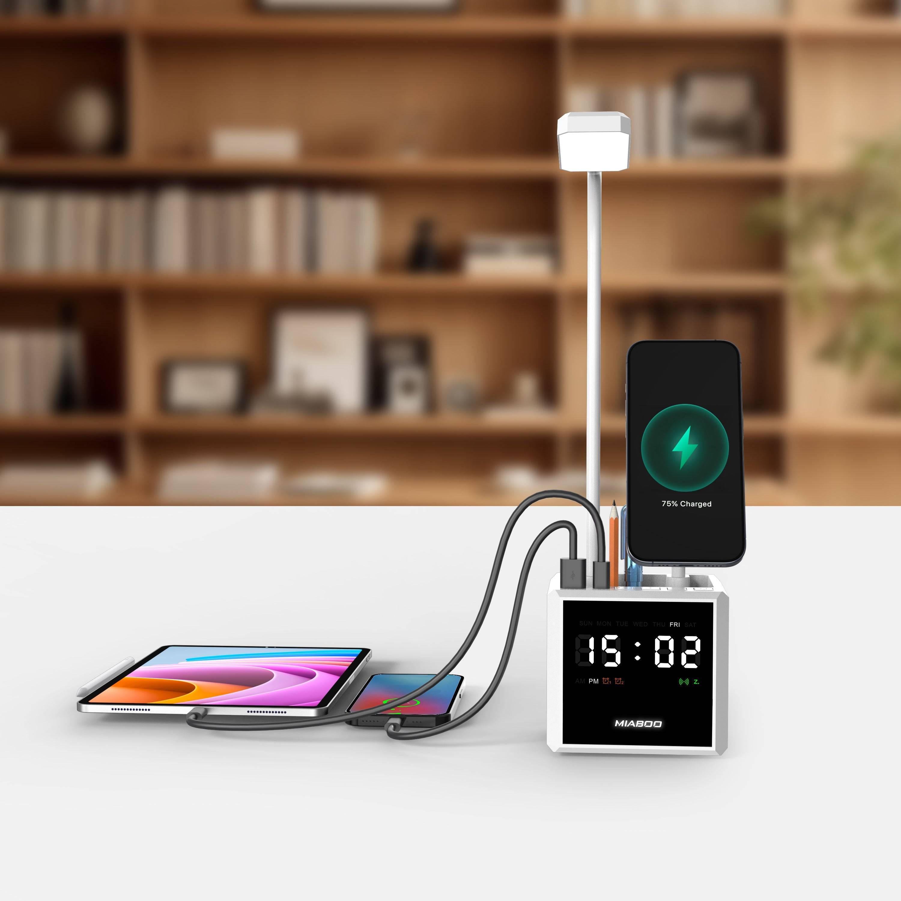 2025 Foldable Smart Desk Organizer – 3-in-1 Wireless Charger with Lamp, Clock & Pen Holder