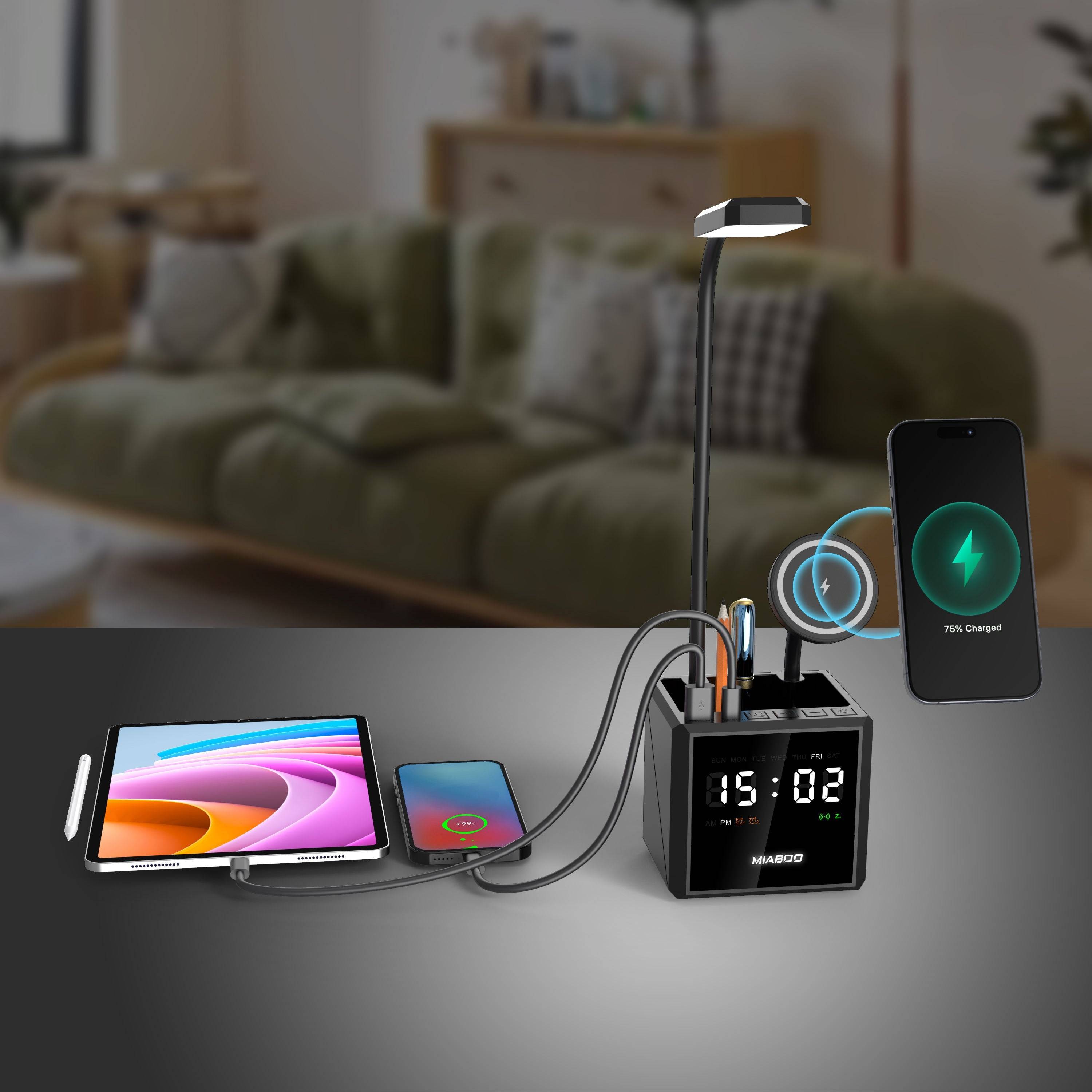 2025 Foldable Smart Desk Organizer – 3-in-1 Wireless Charger with Lamp, Clock & Pen Holder