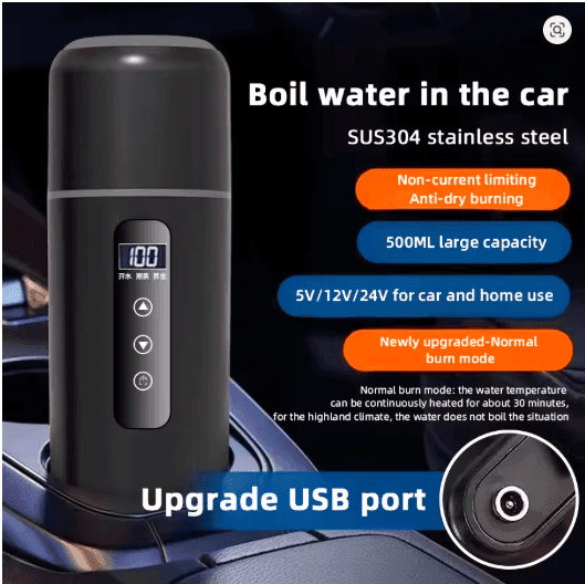 2025 Smart Car Heating Cup – 12V/24V Portable Electric Kettle with OLED Display & Temperature Control - GripGo.Online