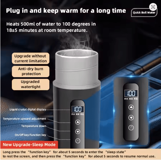 2025 Smart Car Heating Cup – 12V/24V Portable Electric Kettle with OLED Display & Temperature Control