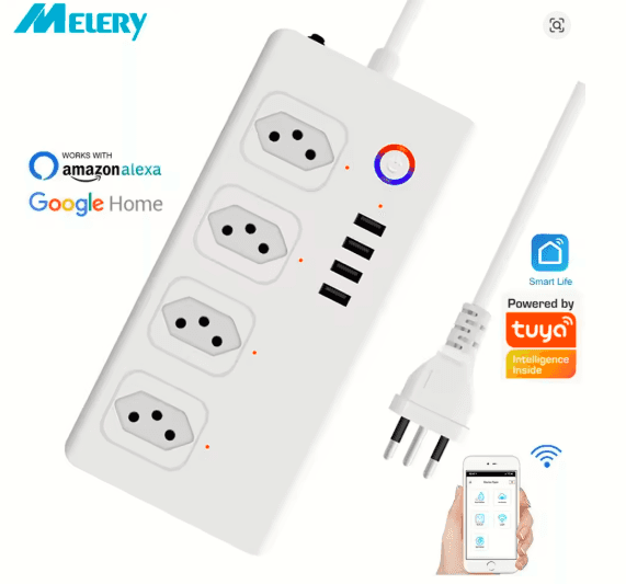 Melery WiFi Smart Power Strip 4-Outlet + 4 USB | Tuya Alexa Google Home Compatible (Brazil Plug, 1.5m Cord)