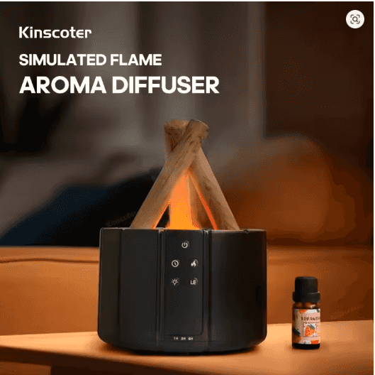 KINSCOTER Flame Aroma Diffuser 280ml | Ultrasonic Cool Mist Humidifier with LED Campfire Effect & Auto Shut-Off
