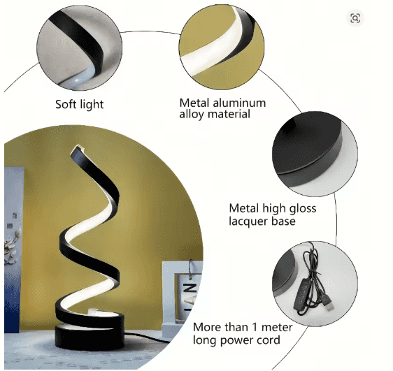 Spiral LED Table Lamp – Dimmable Gooseneck USB Light for Bedroom & Office
