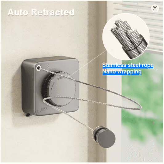 Retractable Clothesline Dryer – Wall Mounted Stainless Steel Laundry Rack for Indoor & Outdoor Drying