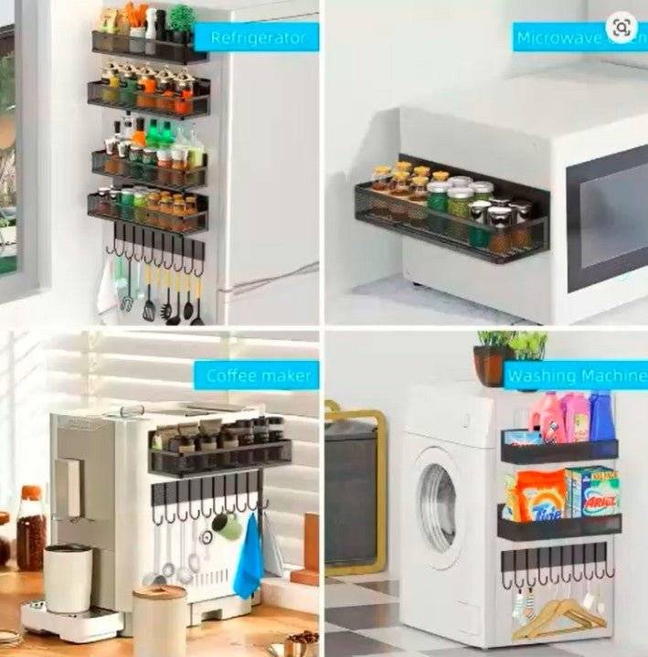 Magnetic Refrigerator Organizer – No-Drill Side-Mounted Spice Rack with Hooks & Multi-Layer Storage for Small Kitchens