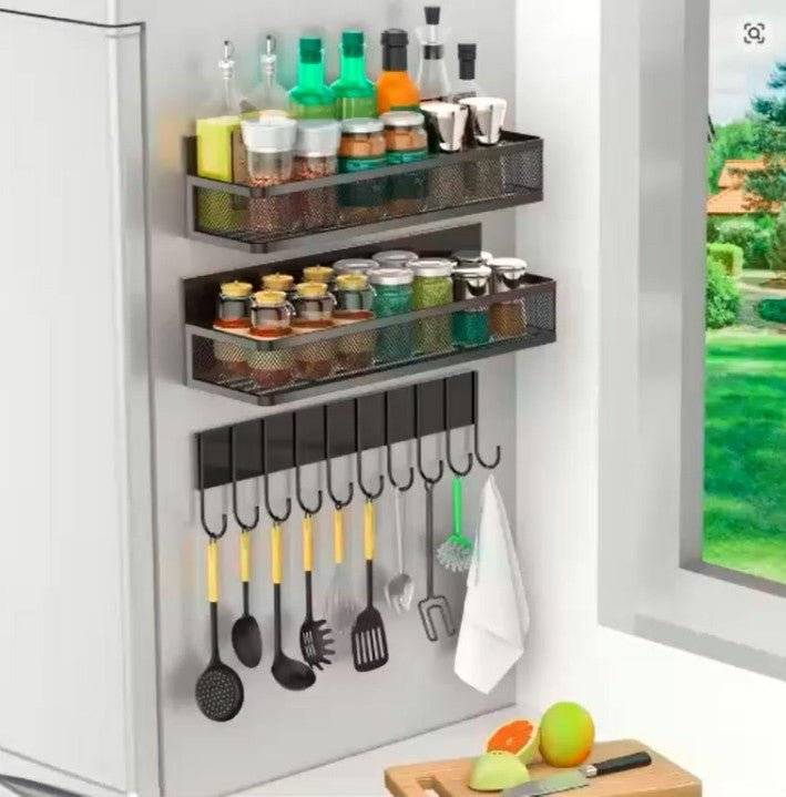 Magnetic Refrigerator Organizer – No-Drill Side-Mounted Spice Rack with Hooks & Multi-Layer Storage for Small Kitchens