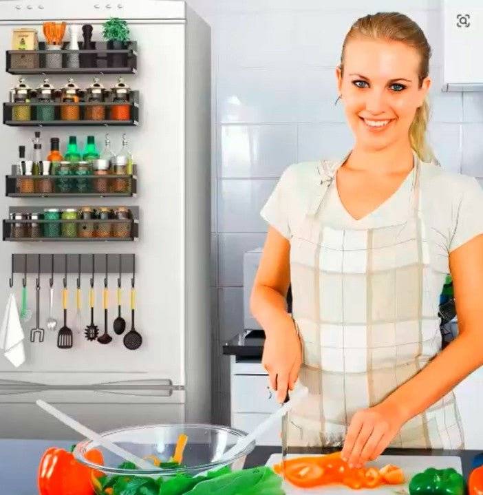 Magnetic Refrigerator Organizer – No-Drill Side-Mounted Spice Rack with Hooks & Multi-Layer Storage for Small Kitchens