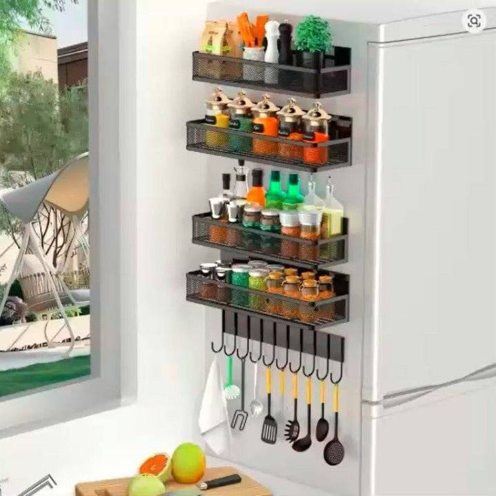 Magnetic Refrigerator Organizer – No-Drill Side-Mounted Spice Rack with Hooks & Multi-Layer Storage for Small Kitchens