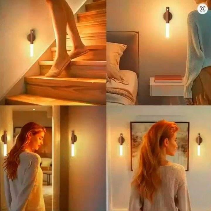 Rechargeable Motion Sensor Night Light – Magnetic Wooden Wall Sconce for Bedroom, Hallway & Stairs