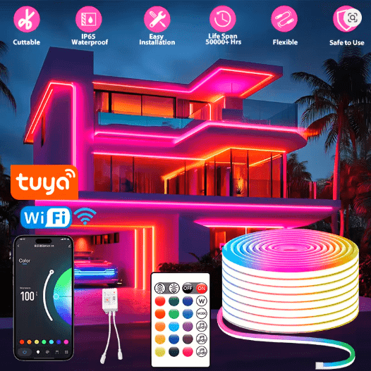 Tuya Smart WiFi Neon LED Strip 30M – RGB Music Sync Lights with Alexa & App Control - GripGo.Online
